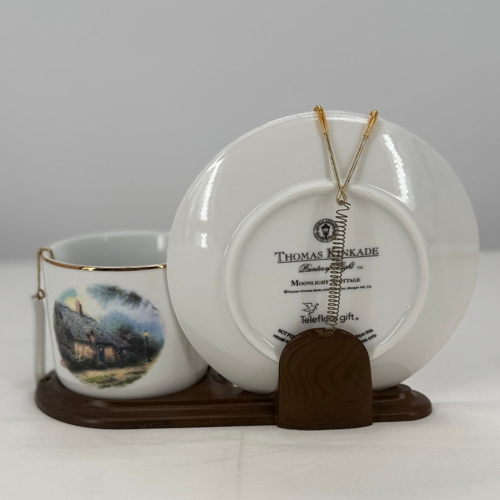 Thomas Kinkade Moonlight Cottage Teleflora Miniature Tea Cup Saucer Set Display - Picture 2 of 13